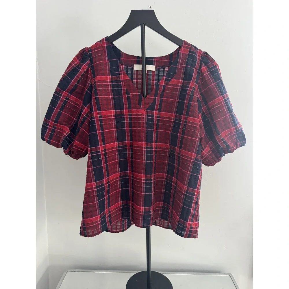 LOFT Red & Navy Plaid Romantic Cottagecore Puff Sleeve V-Neck‎ Blouse Women's M